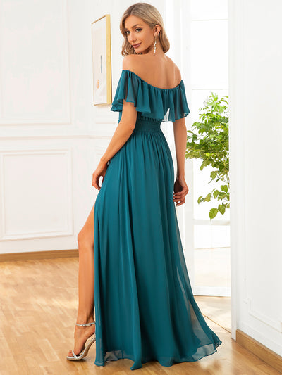 Bodenlanger Offshoulder A-Linie Chiffon Kleid Mit Falten Design Und Oberschenkel Hohem Schlitz #Farbe_Petrol
