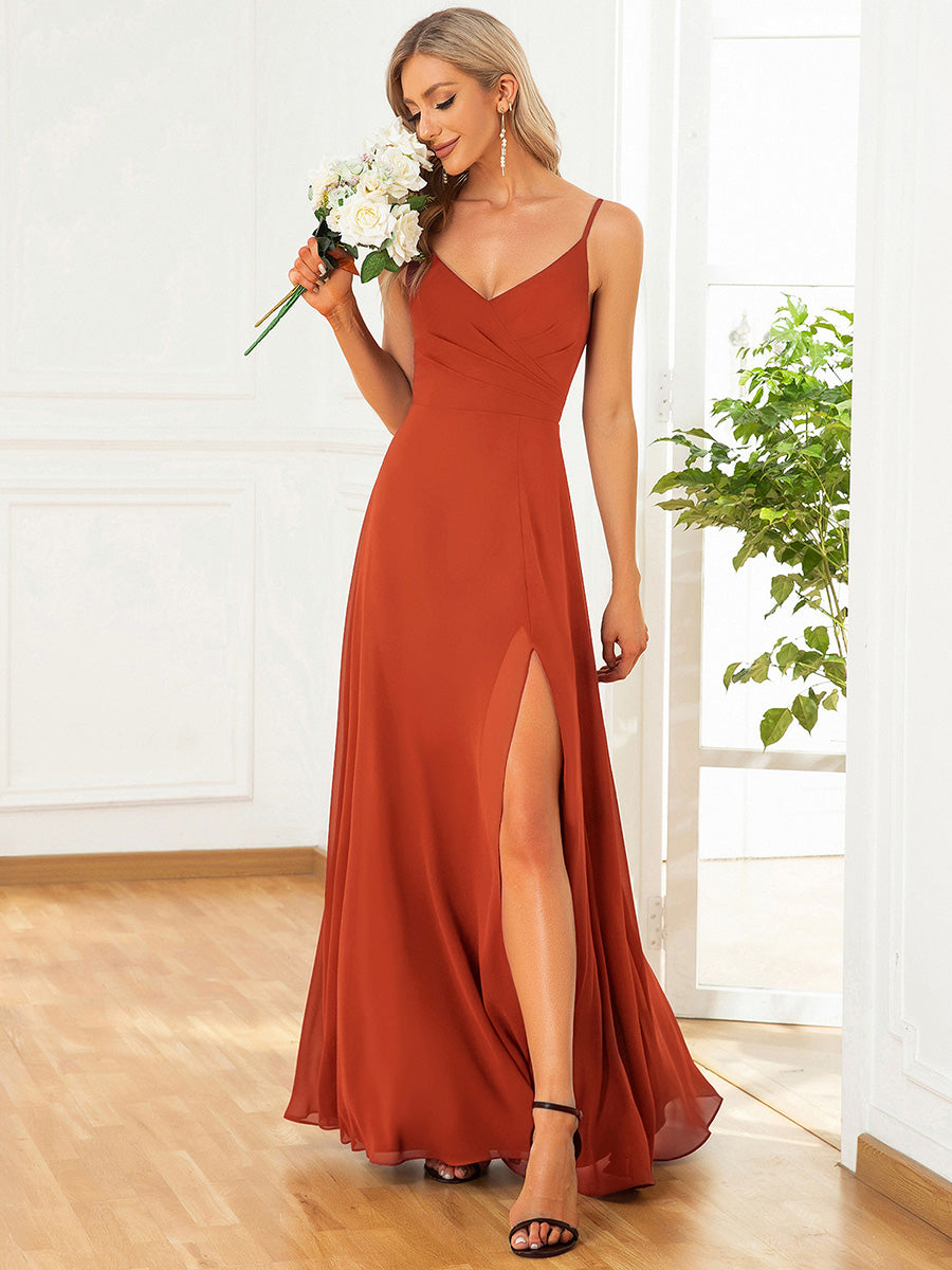 Bodenlanger V-Ausschnitt A-Linie Chiffonkleid Mit Tiefem V-Ausschnitt Und Gerafften Details Kleid #Farbe_Gebranntes Orange