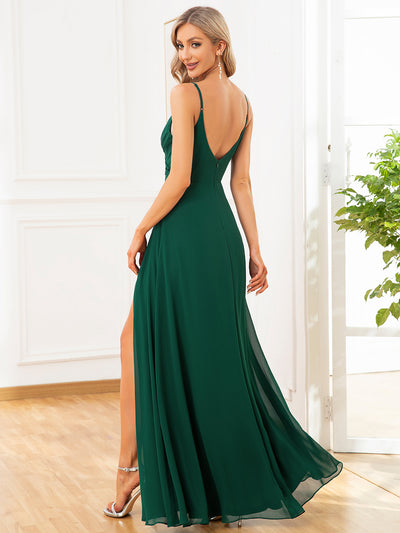 Bodenlanger V-Ausschnitt A-Linie Chiffonkleid Mit Tiefem V-Ausschnitt Und Gerafften Details Kleid #Farbe_Dunkelgrün