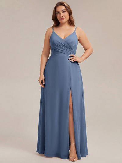 Bodenlanger V-Ausschnitt A-Linie Chiffonkleid Mit Tiefem V-Ausschnitt Und Gerafften Details Kleid #Farbe_Taubenblau