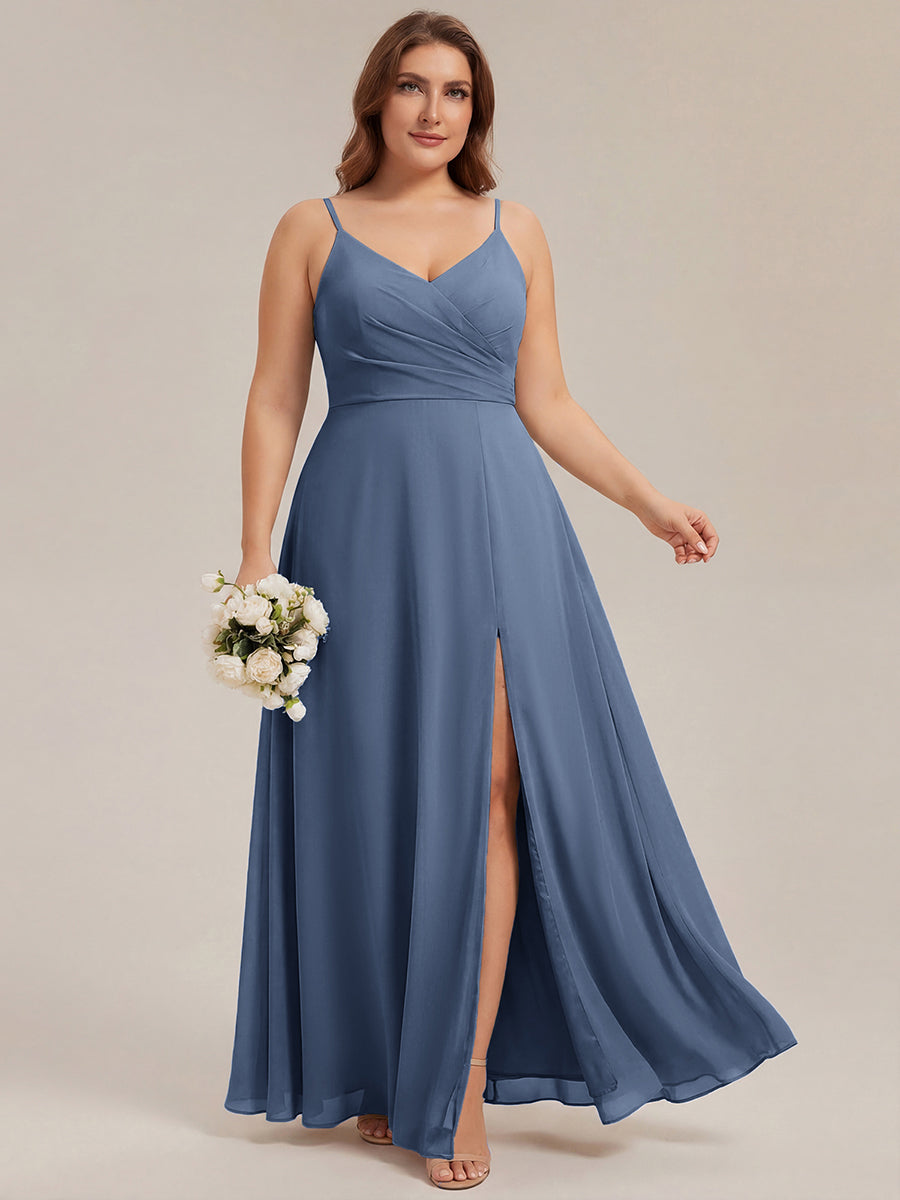 Bodenlanger V-Ausschnitt A-Linie Chiffonkleid Mit Tiefem V-Ausschnitt Und Gerafften Details Kleid #Farbe_Taubenblau