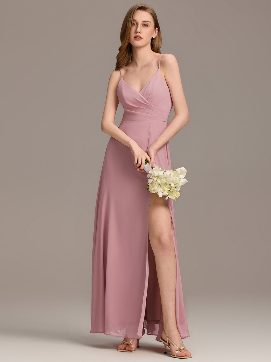 Bodenlanger V-Ausschnitt A-Linie Chiffonkleid Mit Tiefem V-Ausschnitt Und Gerafften Details Kleid #Farbe_Altrosa