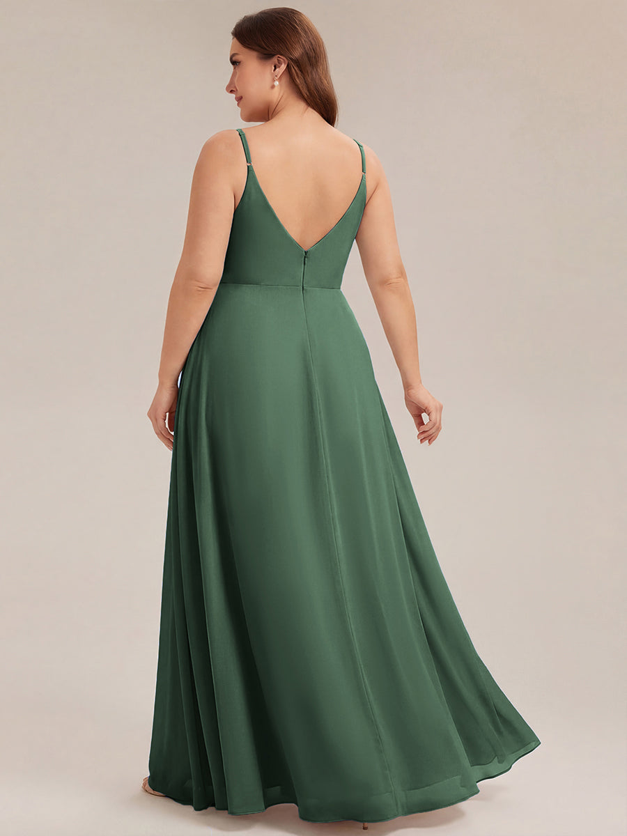 Bodenlanger V-Ausschnitt A-Linie Chiffonkleid Mit Tiefem V-Ausschnitt Und Gerafften Details Kleid #Farbe_Eukalyptus