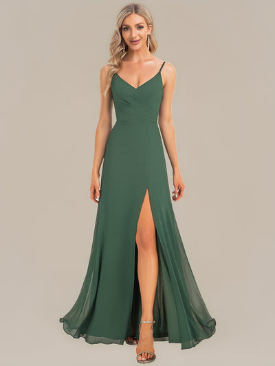 Bodenlanger V-Ausschnitt A-Linie Chiffonkleid Mit Tiefem V-Ausschnitt Und Gerafften Details Kleid #Farbe_Eukalyptus