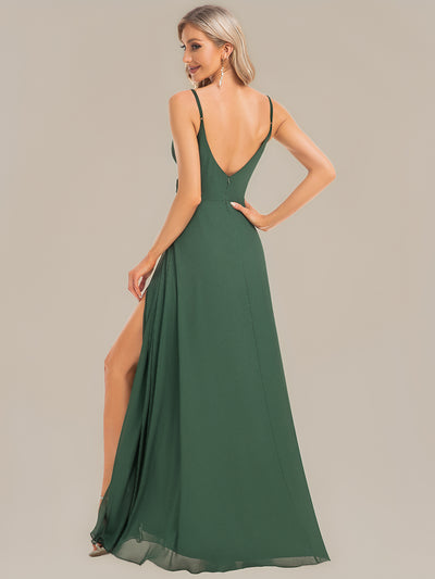 Bodenlanger V-Ausschnitt A-Linie Chiffonkleid Mit Tiefem V-Ausschnitt Und Gerafften Details Kleid #Farbe_Eukalyptus