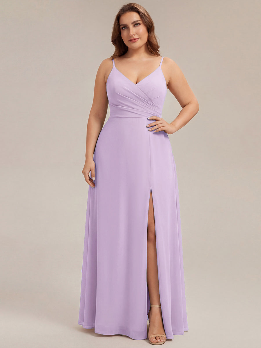 Bodenlanger V-Ausschnitt A-Linie Chiffonkleid Mit Tiefem V-Ausschnitt Und Gerafften Details Kleid #Farbe_Mattflieder