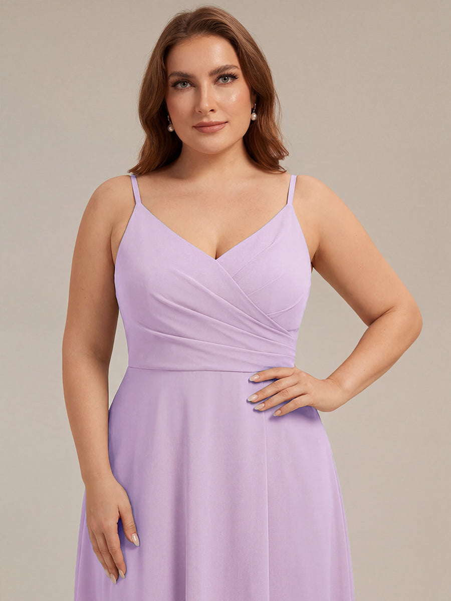Bodenlanger V-Ausschnitt A-Linie Chiffonkleid Mit Tiefem V-Ausschnitt Und Gerafften Details Kleid #Farbe_Mattflieder