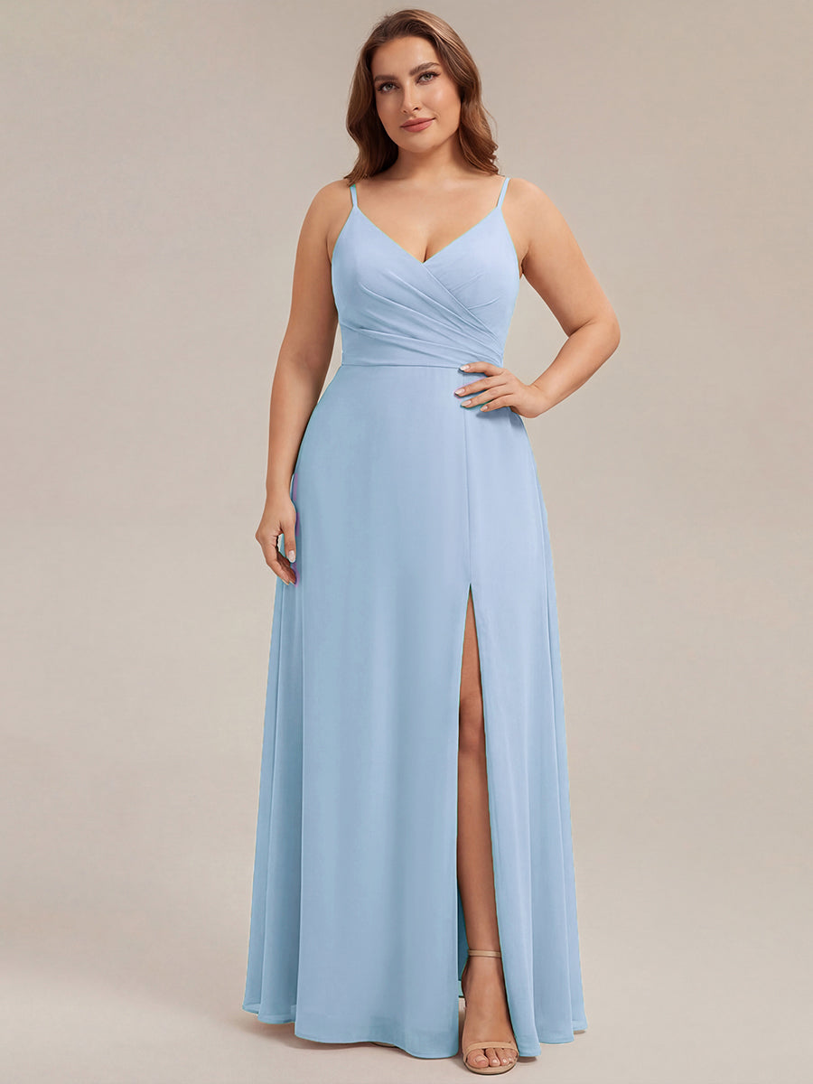 Bodenlanger V-Ausschnitt A-Linie Chiffonkleid Mit Tiefem V-Ausschnitt Und Gerafften Details Kleid #Farbe_Eisblau