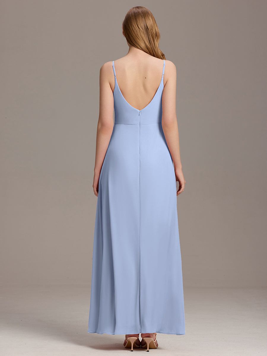 Bodenlanger V-Ausschnitt A-Linie Chiffonkleid Mit Tiefem V-Ausschnitt Und Gerafften Details Kleid #Farbe_Eisblau