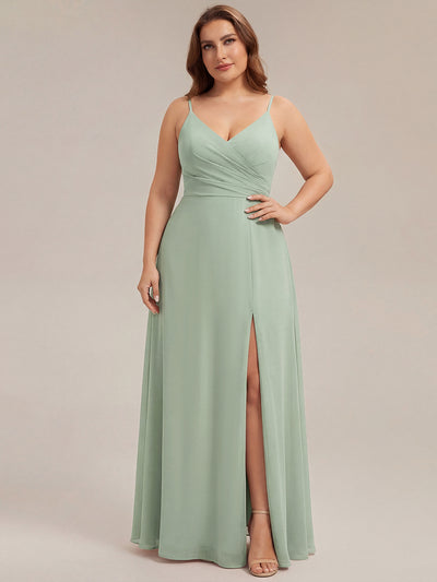 Bodenlanger V-Ausschnitt A-Linie Chiffonkleid Mit Tiefem V-Ausschnitt Und Gerafften Details Kleid #Farbe_Mintgrün