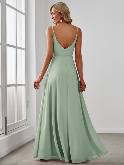 Bodenlanger V-Ausschnitt A-Linie Chiffonkleid Mit Tiefem V-Ausschnitt Und Gerafften Details Kleid #Farbe_Mintgrün