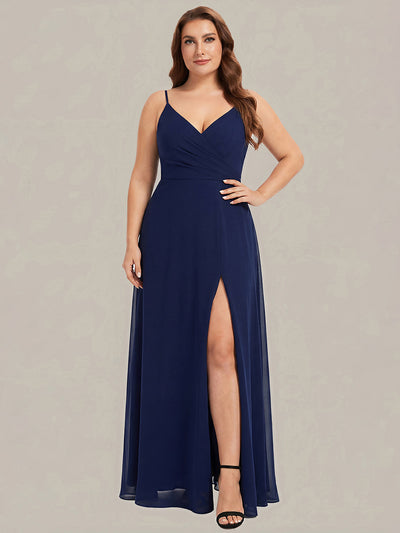 Bodenlanger V-Ausschnitt A-Linie Chiffonkleid Mit Tiefem V-Ausschnitt Und Gerafften Details Kleid #Farbe_Marineblau
