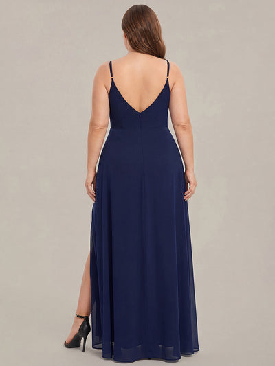 Bodenlanger V-Ausschnitt A-Linie Chiffonkleid Mit Tiefem V-Ausschnitt Und Gerafften Details Kleid #Farbe_Marineblau