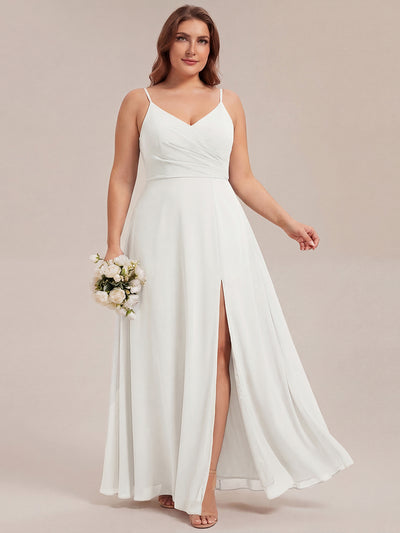 Bodenlanger V-Ausschnitt A-Linie Chiffonkleid Mit Tiefem V-Ausschnitt Und Gerafften Details Kleid #Farbe_Weiß