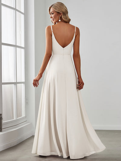 Bodenlanger V-Ausschnitt A-Linie Chiffonkleid Mit Tiefem V-Ausschnitt Und Gerafften Details Kleid #Farbe_Weiß
