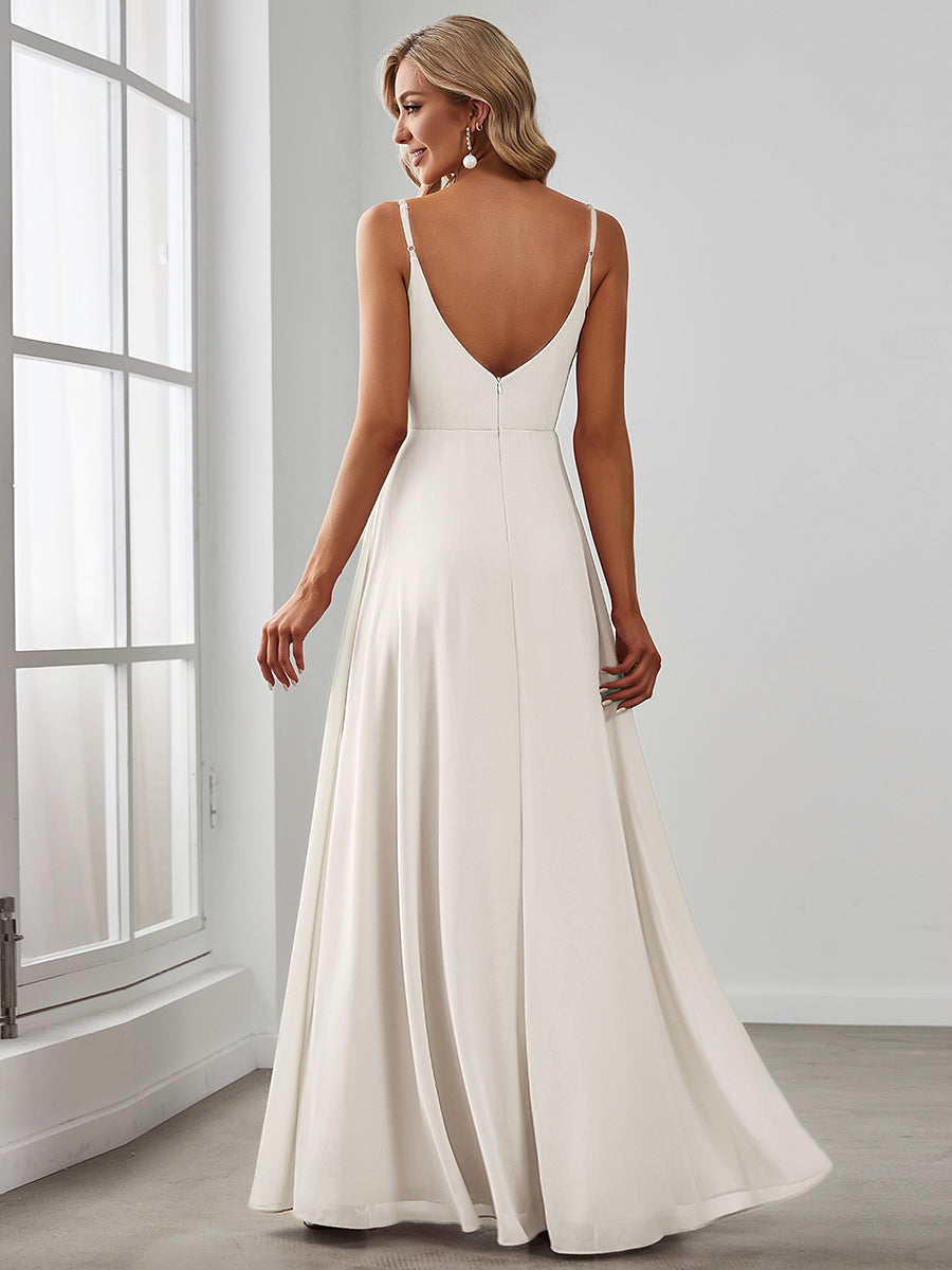Bodenlanger V-Ausschnitt A-Linie Chiffonkleid Mit Tiefem V-Ausschnitt Und Gerafften Details Kleid #Farbe_Weiß
