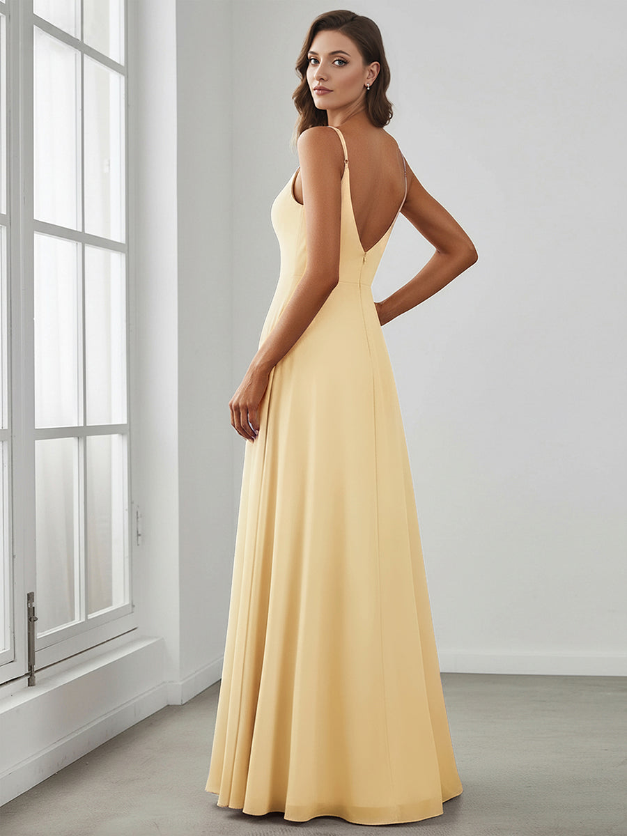 Bodenlanger V-Ausschnitt A-Linie Chiffonkleid Mit Tiefem V-Ausschnitt Und Gerafften Details Kleid #Farbe_Gelb