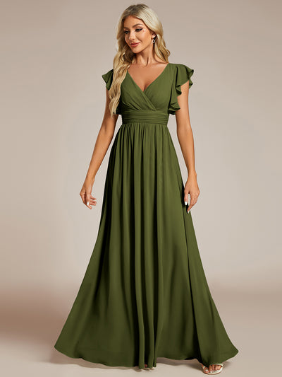 Funkelndes Abendkleid in A-Linie mit Empire-Taille und langen ?rmeln #farbe_Olivgrün