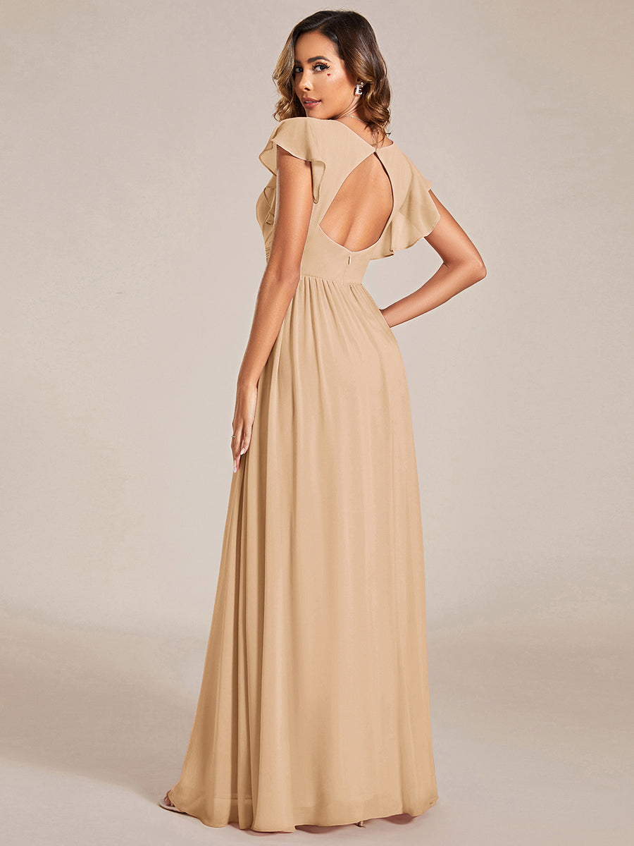 Funkelndes Abendkleid in A-Linie mit Empire-Taille und langen ?rmeln #farbe_Champagner
