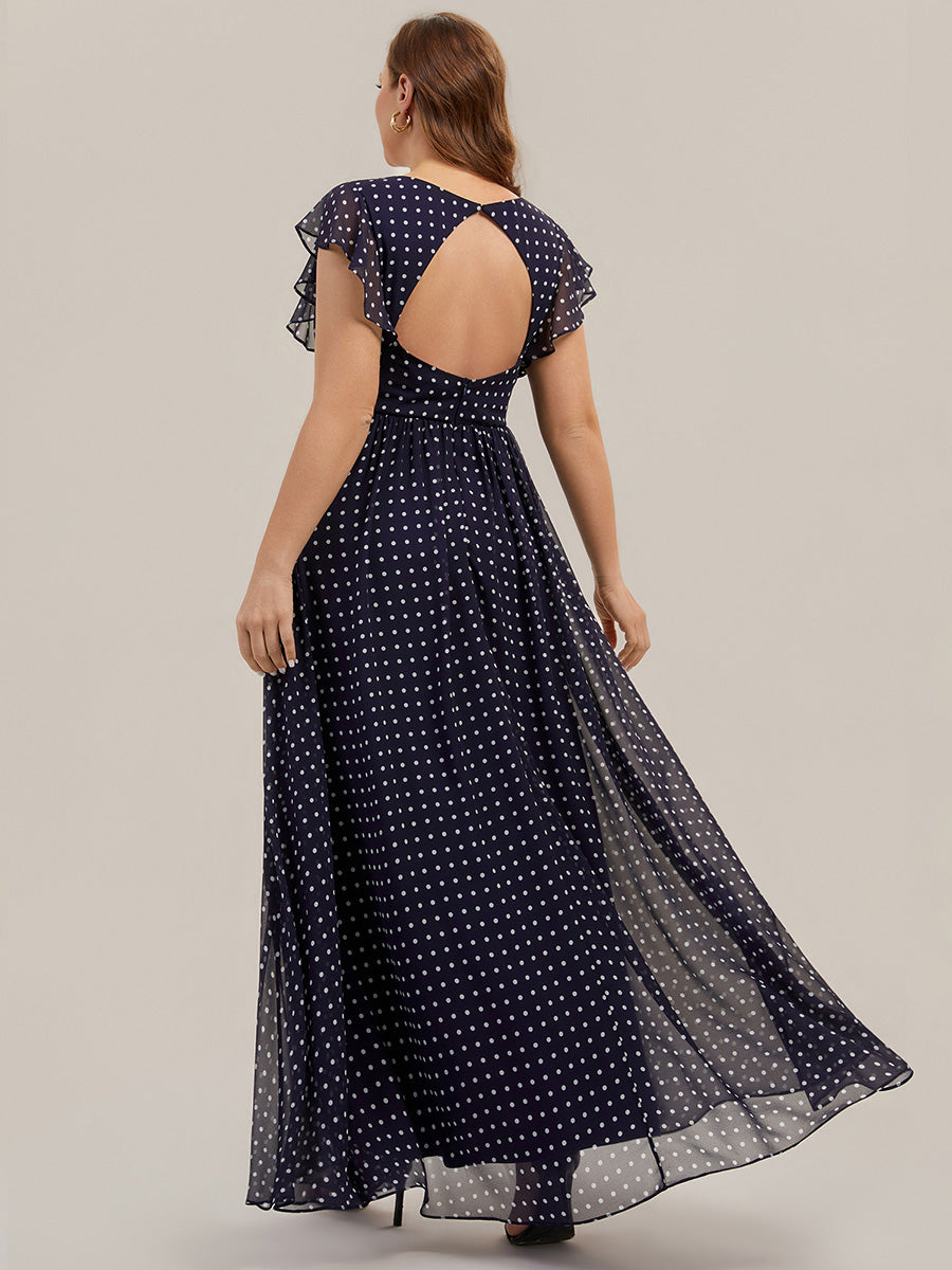 Funkelndes Abendkleid in A-Linie mit Empire-Taille und langen ?rmeln #farbe_Marineblaue Punkte