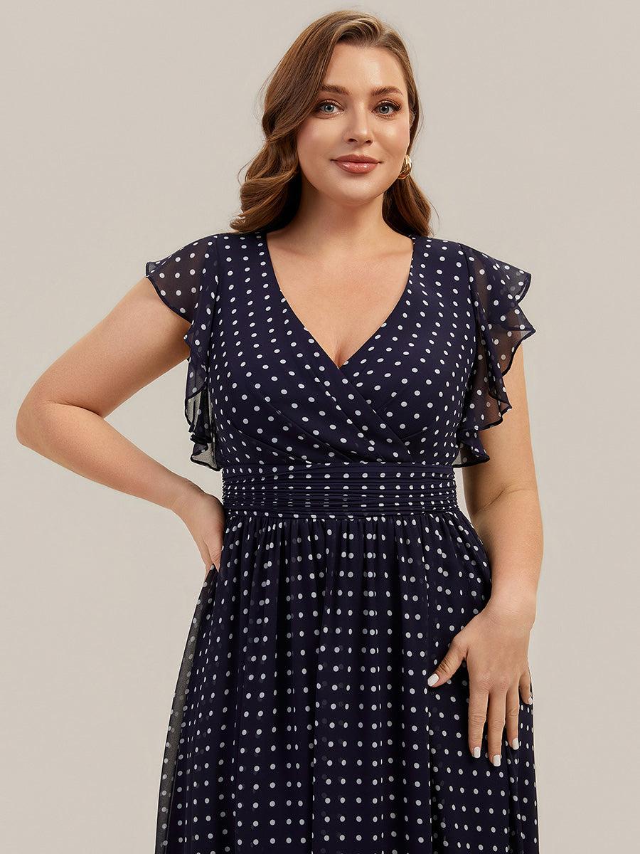 Funkelndes Abendkleid in A-Linie mit Empire-Taille und langen ?rmeln #farbe_Marineblaue Punkte