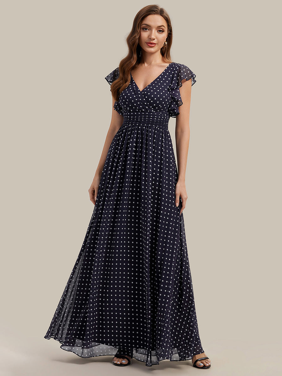 Funkelndes Abendkleid in A-Linie mit Empire-Taille und langen ?rmeln #farbe_Marineblaue Punkte