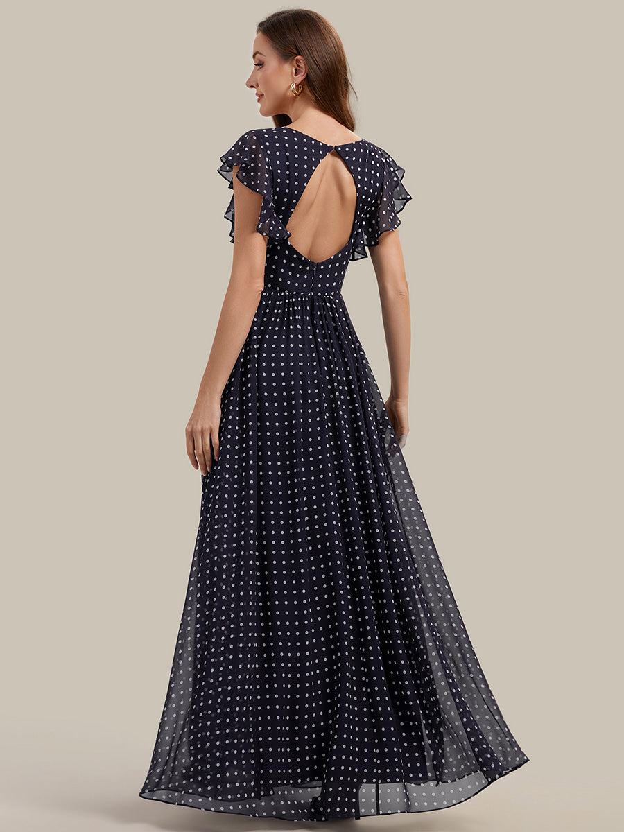 Funkelndes Abendkleid in A-Linie mit Empire-Taille und langen ?rmeln #farbe_Marineblaue Punkte