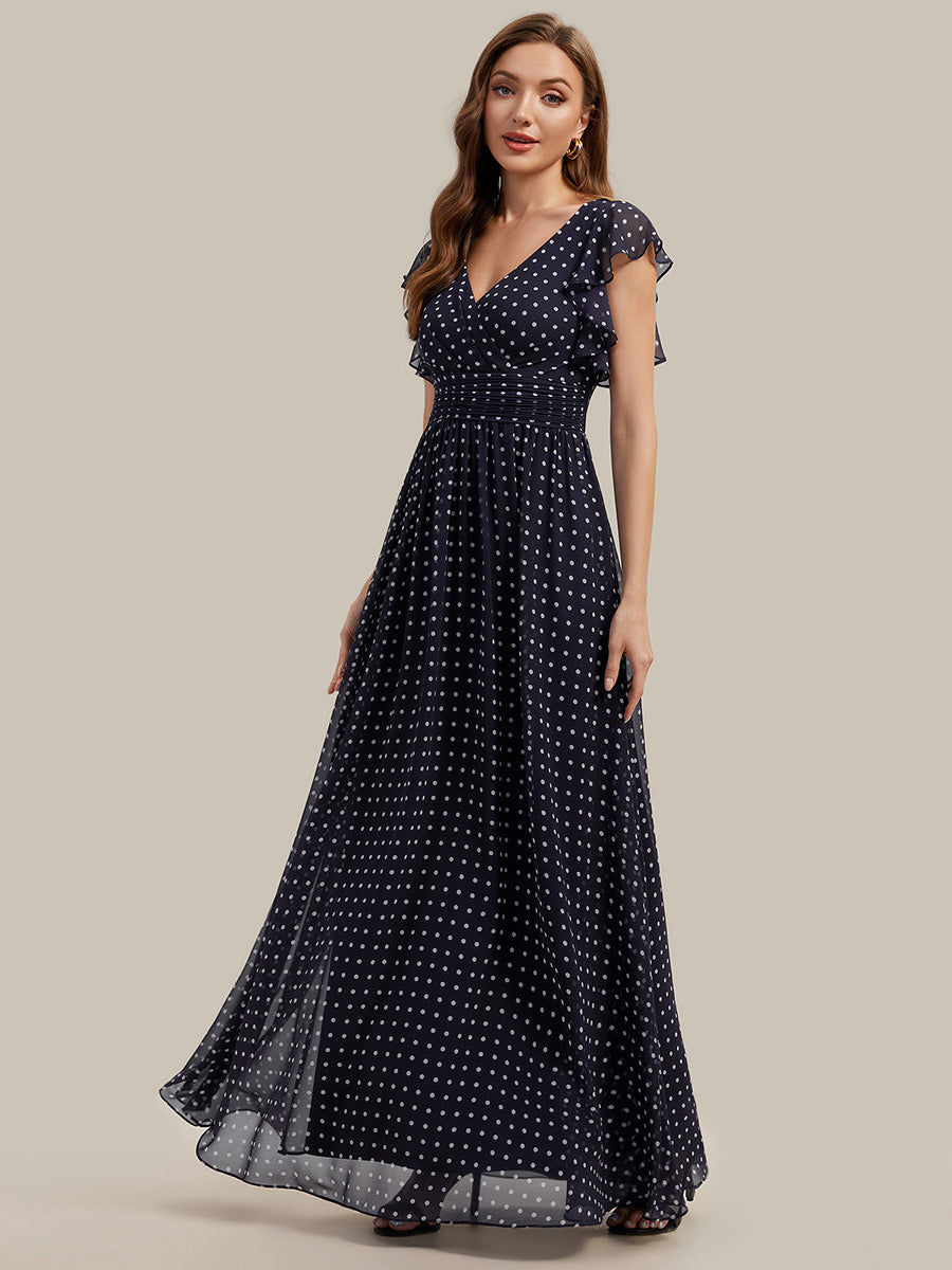 Funkelndes Abendkleid in A-Linie mit Empire-Taille und langen ?rmeln #farbe_Marineblaue Punkte