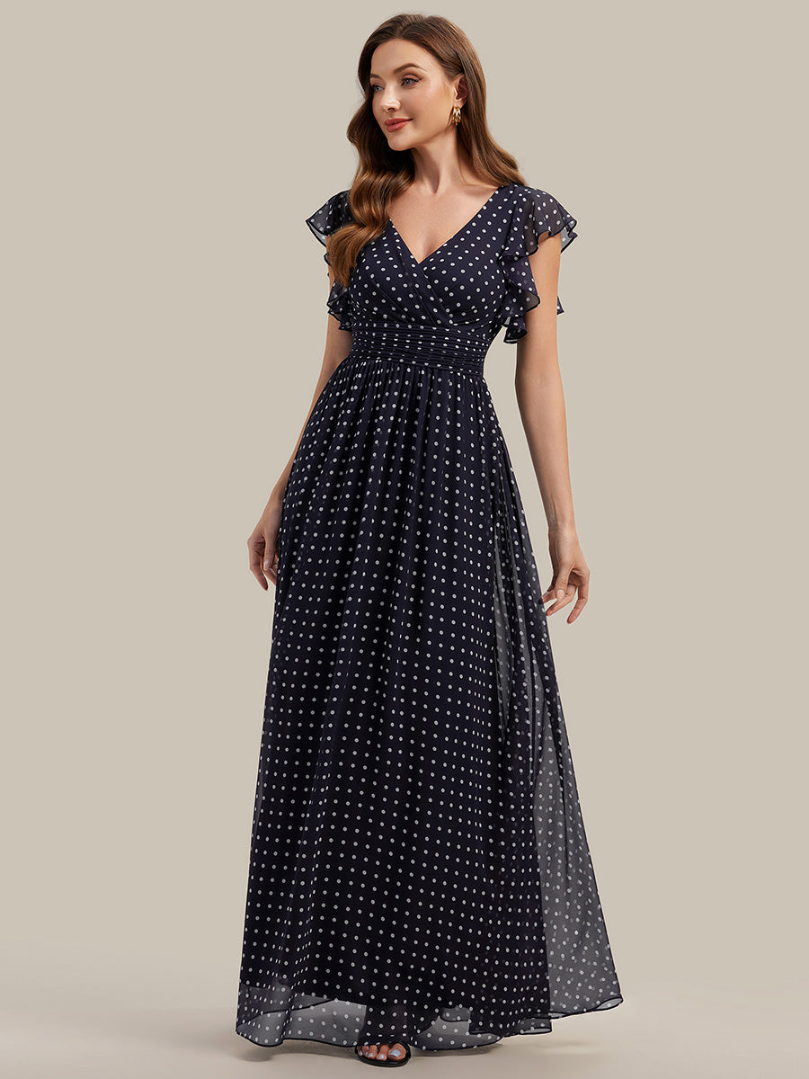 Funkelndes Abendkleid in A-Linie mit Empire-Taille und langen ?rmeln #farbe_Marineblaue Punkte