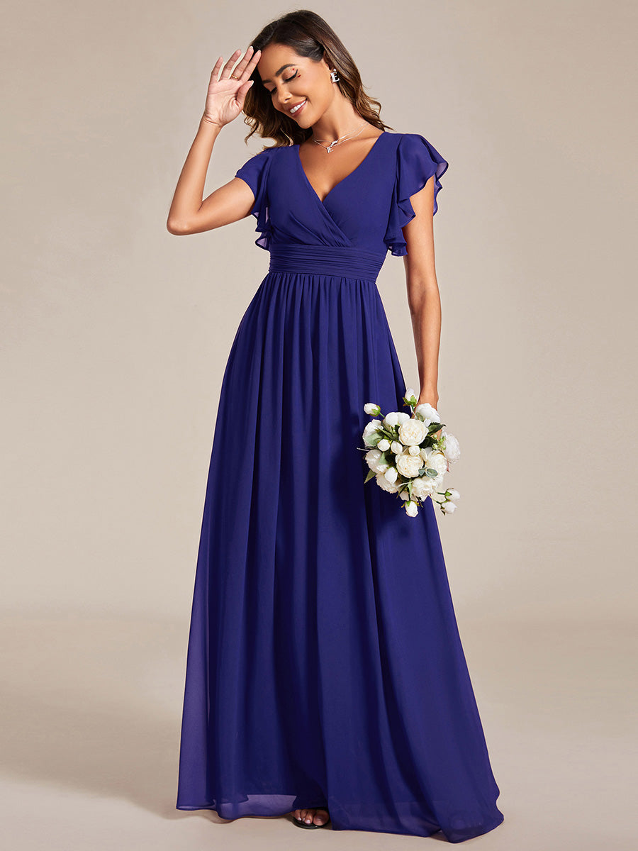 Funkelndes Abendkleid in A-Linie mit Empire-Taille und langen ?rmeln #farbe_Saphirblau