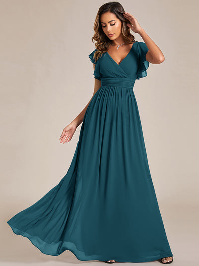 Funkelndes Abendkleid in A-Linie mit Empire-Taille und langen ?rmeln #farbe_Petrol