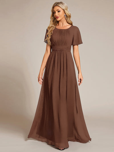Bodenlanger A-Linien Chiffon Kleid Mit Falten Und Raffung Rundhalsausschnitt #Farbe_Braun