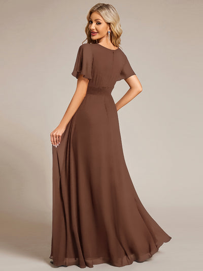 Bodenlanger A-Linien Chiffon Kleid Mit Falten Und Raffung Rundhalsausschnitt #Farbe_Braun