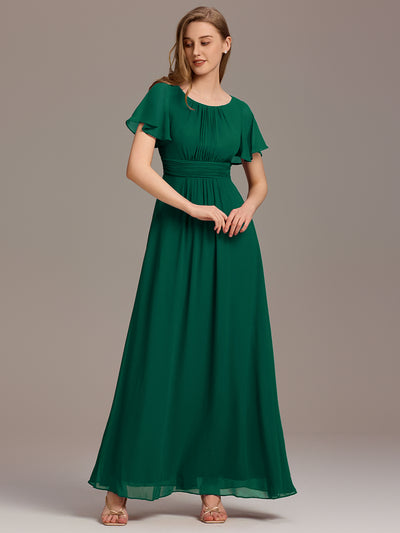 Bodenlanger A-Linien Chiffon Kleid Mit Falten Und Raffung Rundhalsausschnitt #Farbe_Dunkelgrün