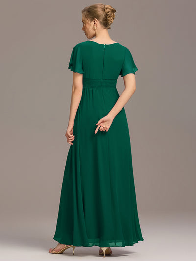 Bodenlanger A-Linien Chiffon Kleid Mit Falten Und Raffung Rundhalsausschnitt #Farbe_Dunkelgrün