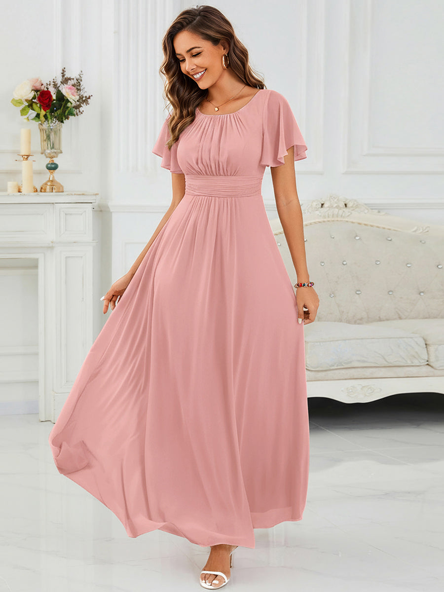 Bodenlanger A-Linien Chiffon Kleid Mit Falten Und Raffung Rundhalsausschnitt #Farbe_Altrosa