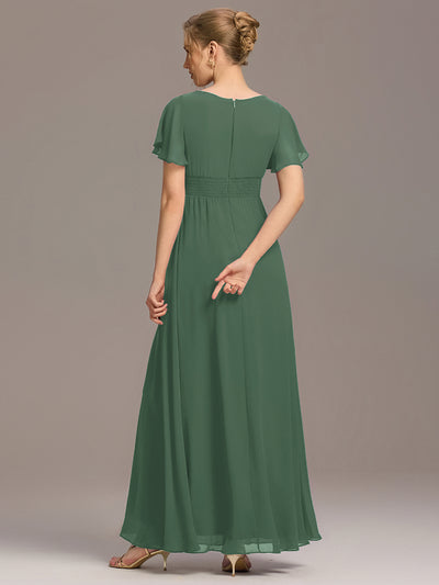 Bodenlanger A-Linien Chiffon Kleid Mit Falten Und Raffung Rundhalsausschnitt #Farbe_Eukalyptus