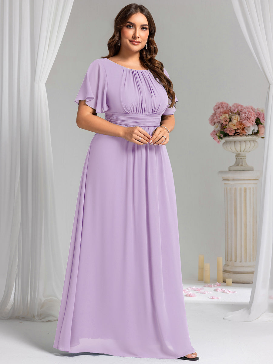 Bodenlanger A-Linien Chiffon Kleid Mit Falten Und Raffung Rundhalsausschnitt #Farbe_Mattflieder