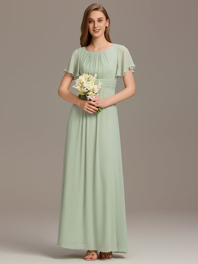 Bodenlanger A-Linien Chiffon Kleid Mit Falten Und Raffung Rundhalsausschnitt #Farbe_Mintgrün