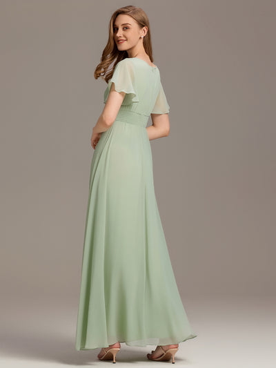 Bodenlanger A-Linien Chiffon Kleid Mit Falten Und Raffung Rundhalsausschnitt #Farbe_Mintgrün