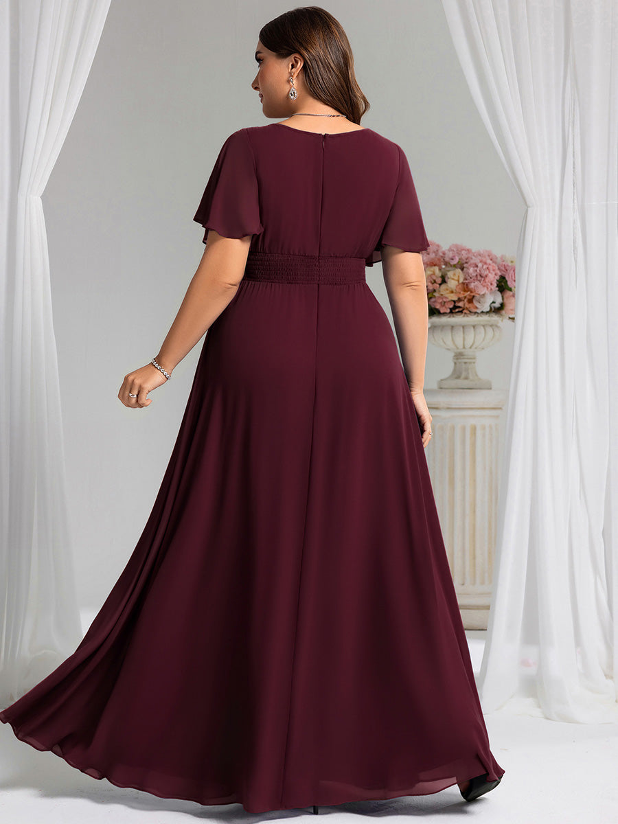 Bodenlanger A-Linien Chiffon Kleid Mit Falten Und Raffung Rundhalsausschnitt #Farbe_Maulbeerrot