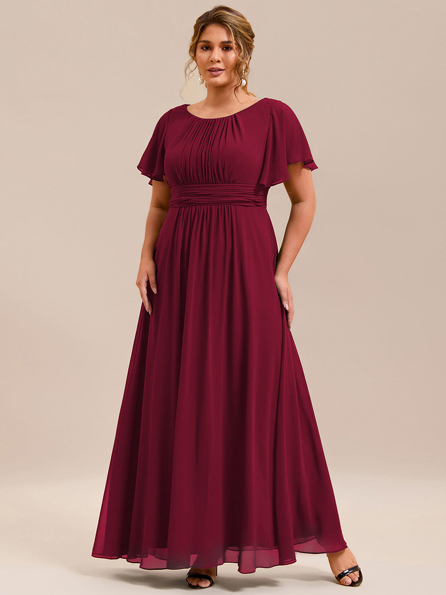 Bodenlanger A-Linien Chiffonkleid Mit Falten Und Rüschen Details Rundhals #Farbe_Burgunderrot