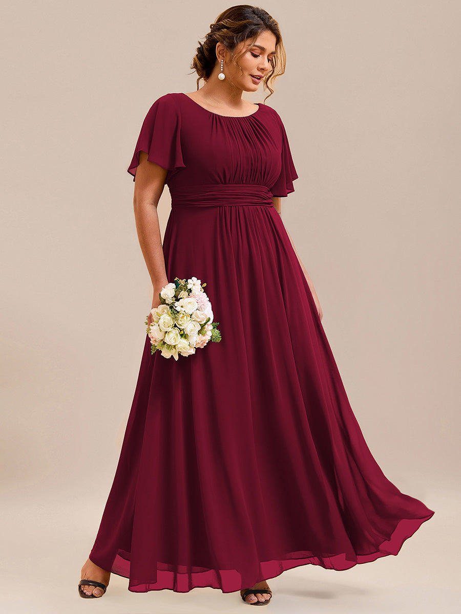 Bodenlanger A-Linien Chiffonkleid Mit Falten Und Rüschen Details Rundhals #Farbe_Burgunderrot
