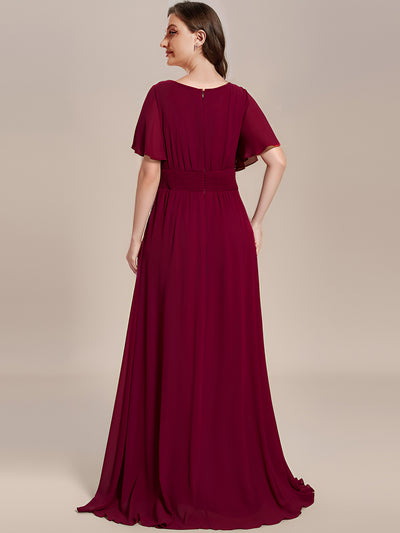 Bodenlanger A-Linien Chiffonkleid Mit Falten Und Rüschen Details Rundhals #Farbe_Burgunderrot