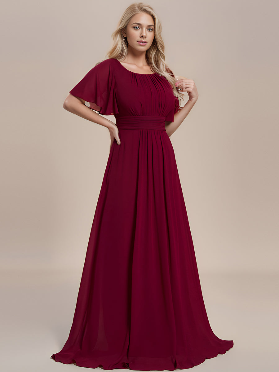 Bodenlanger A-Linien Chiffonkleid Mit Falten Und Rüschen Details Rundhals #Farbe_Burgunderrot