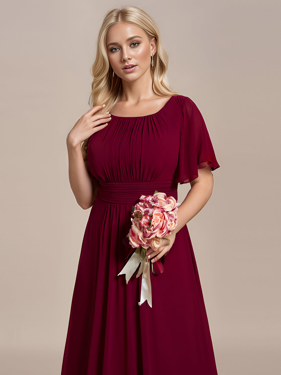 Bodenlanger A-Linien Chiffonkleid Mit Falten Und Rüschen Details Rundhals #Farbe_Burgunderrot