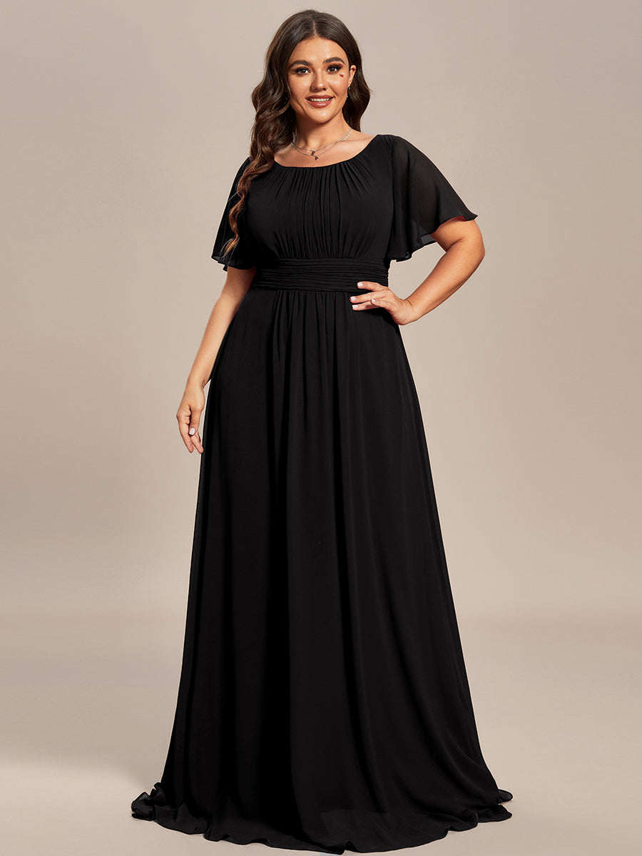 Bodenlanger A-Linien Chiffonkleid Mit Falten Und Rüschen Details Rundhals #Farbe_Schwarz