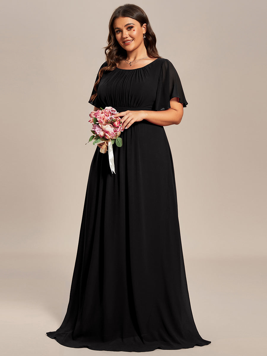 Bodenlanger A-Linien Chiffonkleid Mit Falten Und Rüschen Details Rundhals #Farbe_Schwarz