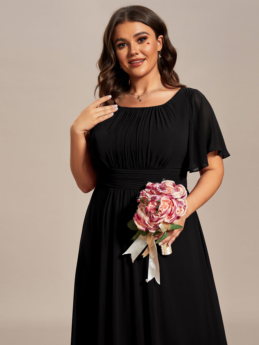 Bodenlanger A-Linien Chiffonkleid Mit Falten Und Rüschen Details Rundhals #Farbe_Schwarz