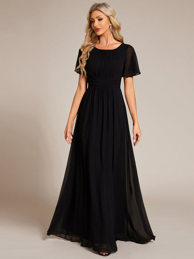 Bodenlanger A-Linien Chiffonkleid Mit Falten Und Rüschen Details Rundhals #Farbe_Schwarz